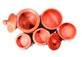 Top view of traditional home made clay pots and bowls