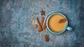 Top view on traditional indian drink masala chai tea with milk and mix of spices Royalty Free Stock Photo