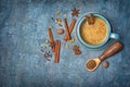 Top view on traditional indian drink masala chai tea with milk and mix of spices Royalty Free Stock Photo