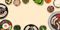 Top view of traditional korean food on a table vector Illustration, Delicious korean BBQ grill with all small side dishes set, Royalty Free Stock Photo