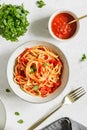 Top view of traditional pasta with tomato and Greek basil sauce Royalty Free Stock Photo