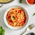 Top view of traditional pasta with tomato and Greek basil sauce Royalty Free Stock Photo