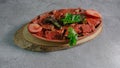 Traditional Turkish Doner Kebab also known iskender. Iskender kebab iskender kebap. Turkish style doner kebab food on wooden tray Royalty Free Stock Photo