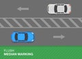 Top view of a traffic flow on highway. Painted island or flush median road marking meaning.