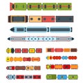 Top view trains. Kids toys locomotive train with wagons, childrens railway vector Illustration set