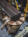 Top view of transformer core lamination with insulated windings