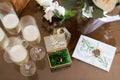 Top view of transparent green box for wedding rings