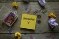 Top view of trash paper,paper clips, and yellow sticky notes written with Generation Y on wooden background