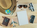 Top view of Travel Accessories Costumes, The cost of travel vacation item prepared for the plan trip on wooden, Concept Traveling Royalty Free Stock Photo