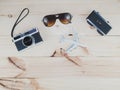 Top view of Travel Accessories Costumes, The cost of travel vacation item prepared for the plan trip on wooden, Concept Traveling Royalty Free Stock Photo