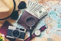 Top view of Traveler accessories and items man with black for planning travel vacations on the world, copy space. Royalty Free Stock Photo