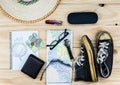 Top view of Traveler`s accessories, Essential vacation items, Travel concept background Royalty Free Stock Photo