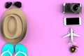 Top view of Traveler`s accessories on pink table background, Essential vacation items, Travel concept.