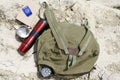 Top view of traveler`s tools for tramp.Concept of adventure, hiking and active lifestyle