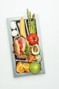 top view of tray with burger, vegetables and fruits