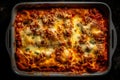 Top view of tray of homemade lasagna with layers of pasta, meat sauce, creamy bechamel and melted cheese. AI generated