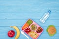 top view of tray with kids lunch for school, bottle of water and fruits on blue Royalty Free Stock Photo