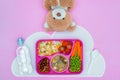 top view of tray with kids lunch for school and teddy bear Royalty Free Stock Photo