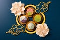 top view trendy different flower shapes mooncakes on blue background horizontal composition