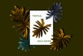 Top view, Tropical gold leaves greeting card concept flat lay template coloured leaf isolated dark green background, stock photo Royalty Free Stock Photo