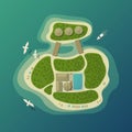 Top view on tropical island or isle with umbrella on sand beach and bungalow with pool, forest or wood, boat or yacht