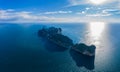 Top view of tropical island with limestone rocks, white beach and blue clear water. Aerial view of Maya bay with many boats and Royalty Free Stock Photo