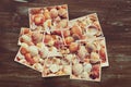 top view of tropical photo collage on wooden background