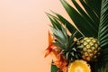 Top view of tropical pineapple fruits, palm leaves on the pink background and text space Royalty Free Stock Photo