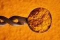 Top view of turmeric root powder on a spoon