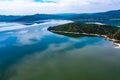 Top view of the turquoise water of a mountain lake. Clean clear water with streaks on the bottom. Patterns from a Royalty Free Stock Photo