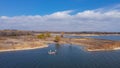 Top view two anglers fishing from motor boat at Murrell Park, Lake Grapevine, Texas, USA Royalty Free Stock Photo