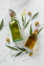 top view of two bottles of olive oil and twigs Royalty Free Stock Photo