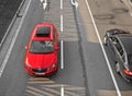 Top view of two cars moving on highway