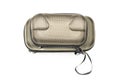 Top view of two closed metallic khaki carrying cases for drone body and remote control on white background