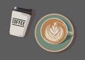 Top view two cups of coffee and drawing on hot coffee on grey color of the table background, flat line vector and illustration. Royalty Free Stock Photo