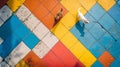 Top view of two dogs navigating a kaleidoscope of colors in a city square, AI-generated.