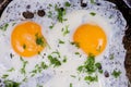 Top view of two fried eggs on the frying pan Royalty Free Stock Photo