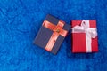 Top view of two gift boxes one blue and another red. Valentine\'s day gifts concept Royalty Free Stock Photo