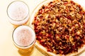 Top view Two glass of beer and pizza Royalty Free Stock Photo