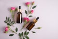 Top view of two glass bottles with cosmetics, face serum against the background of pink rose buds and green leaves Royalty Free Stock Photo
