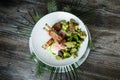 Top view two pieces of grilled pork ribs with green vegetables Royalty Free Stock Photo