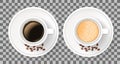 Top view of two realistic cups on saucers on transparent background.