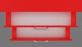 Top view of two red empty open drawers of cabinet, cupboard or nightstand