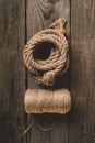 top view of two various beige ropes on wooden