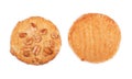 Top view of two whole wheat crisp, isolated on a white background. Bakery products. Sweet homemade vanilla cookies. Pastry.