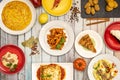 Top view of typical mediterranean dishes from spain and italy