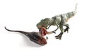Top view tyrannosaurus biting a dinosaur body on white