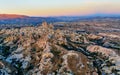 Top view of Uchisar town and castle at sunrise. Cappadocia. Turkey Royalty Free Stock Photo