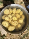 Top view of uncooked peeled potatoes in a pan with water; funny faces curved on potatoes