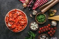 Top view of uncooked pizza with various ingredients Royalty Free Stock Photo